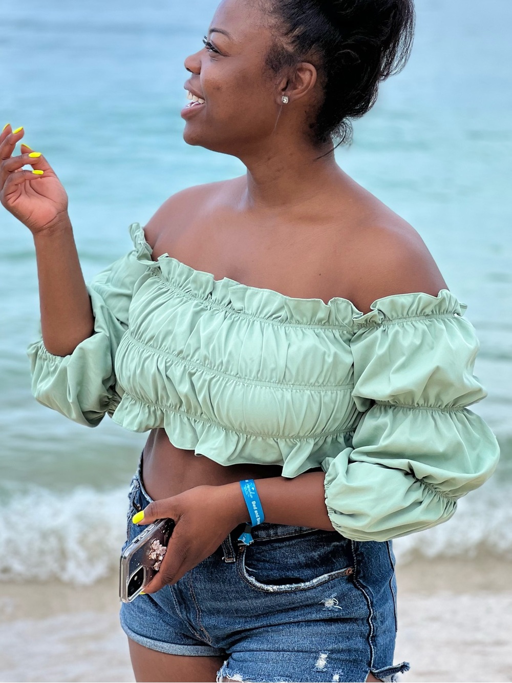 Off-Shoulder Ruched Crop Top - Sage Green - Picture 4 of 4